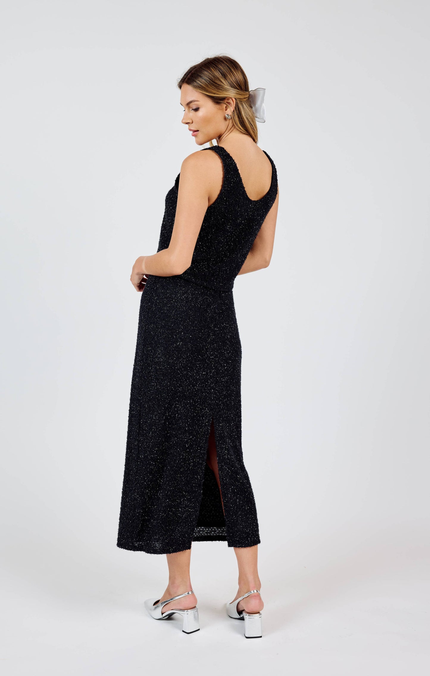 *Final Sale* Creative Energy Lurex Knit Midi Skirt: BLACK SILVER