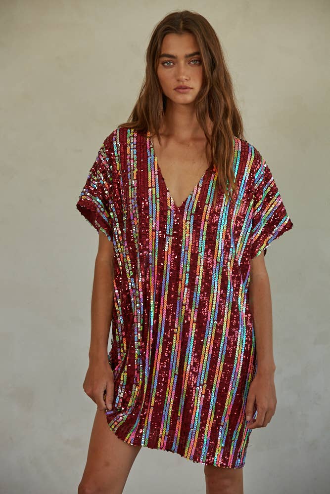 *Final Sale* Woven Polyester Spandex Sequin V-Neck Mini Dress