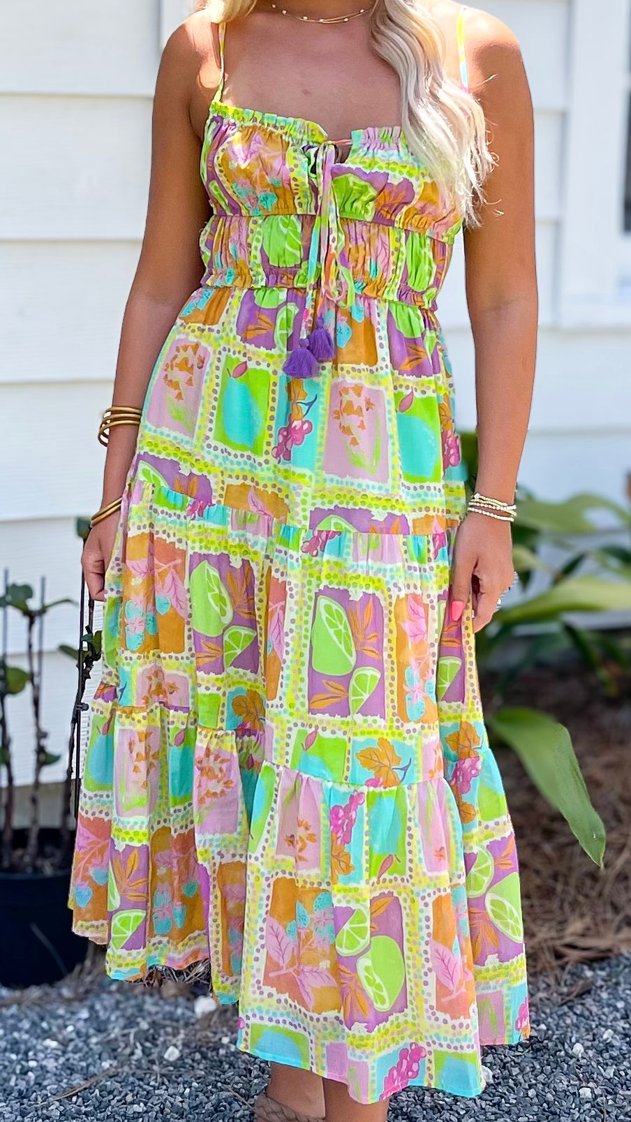Tropical Mosaic Spaghetti Strap Maxi Dress
