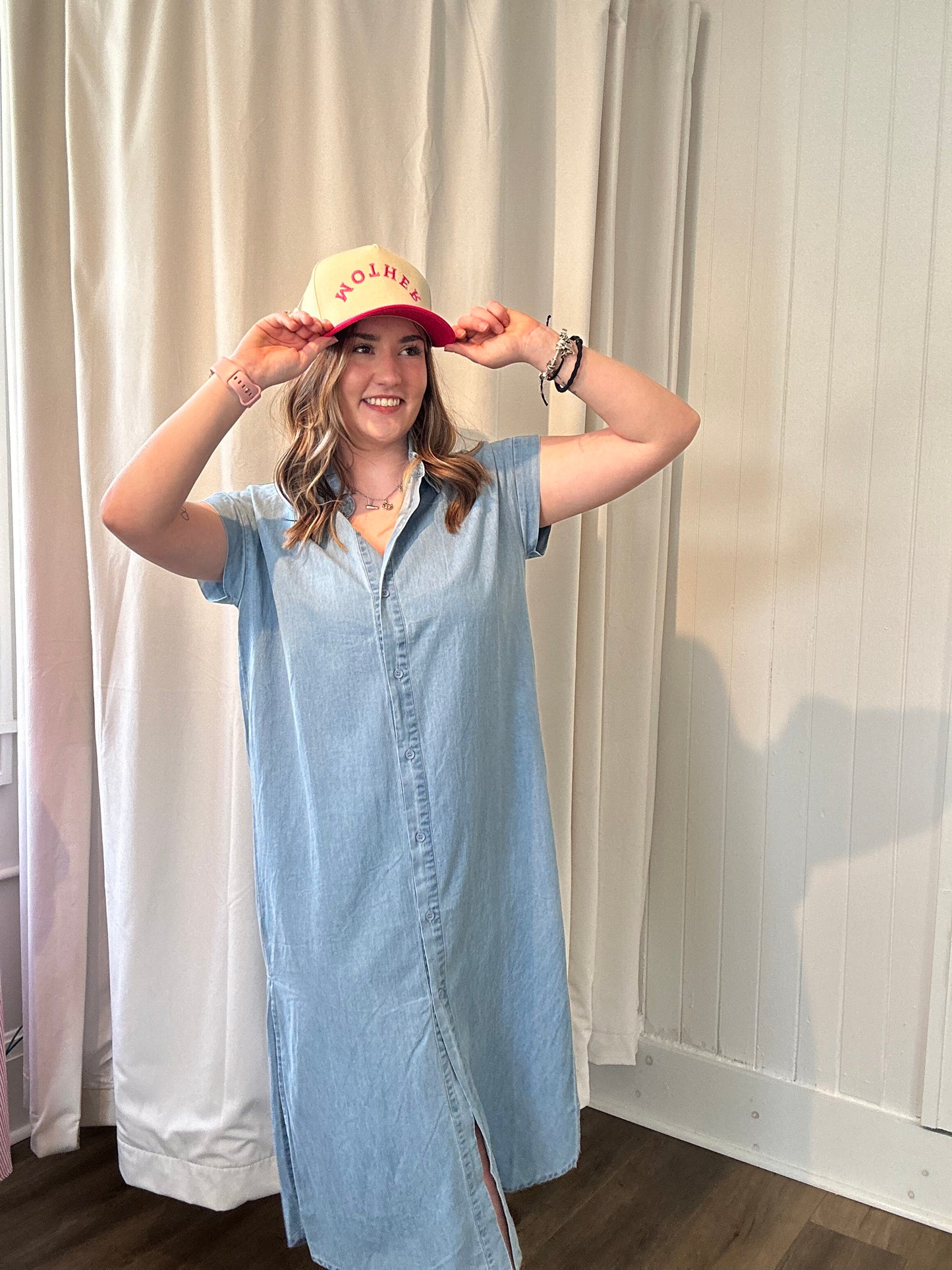 Chambray Button-Down Shirt Dress W/ Side Slits