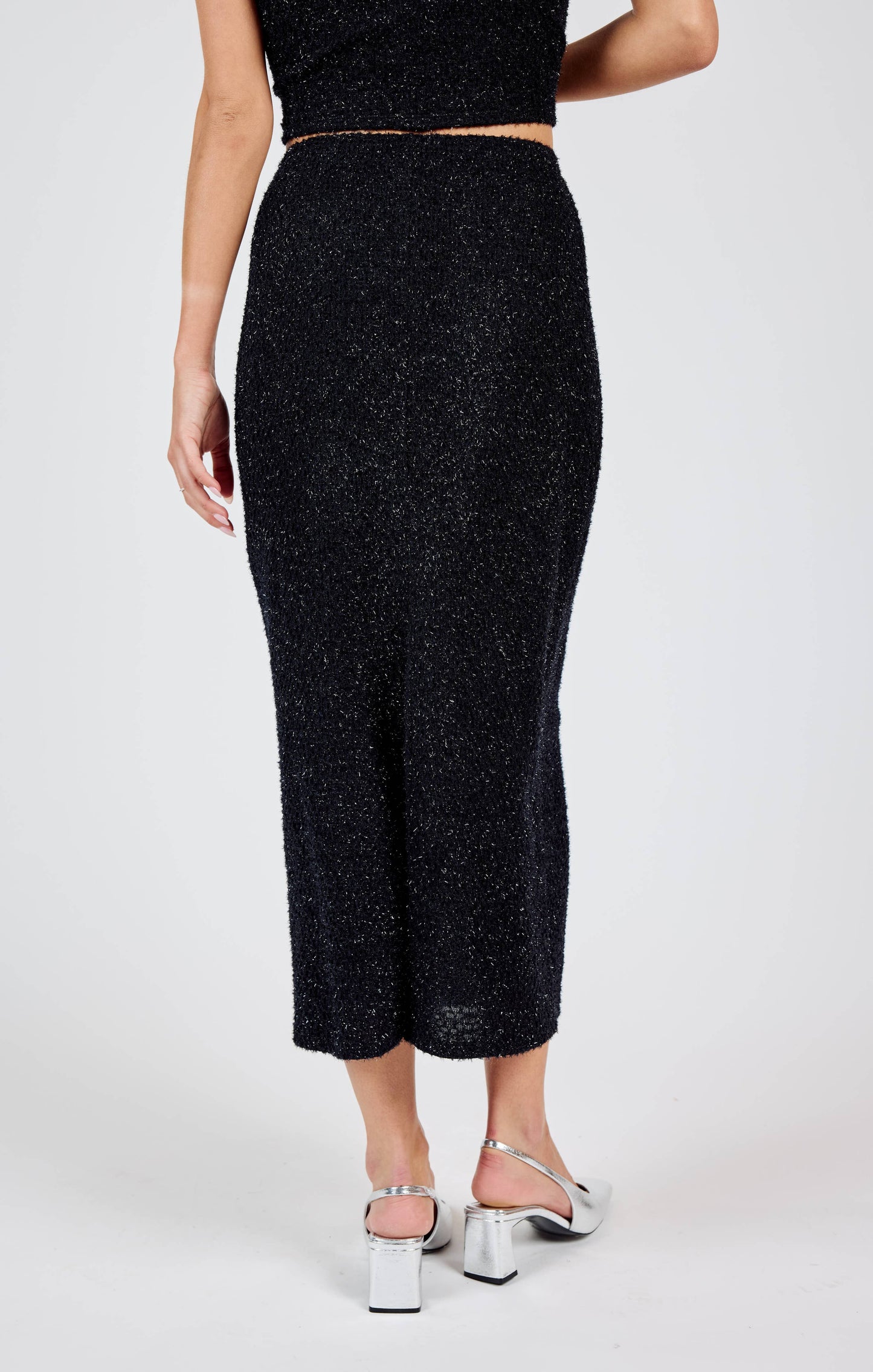 *Final Sale* Creative Energy Lurex Knit Midi Skirt: BLACK SILVER