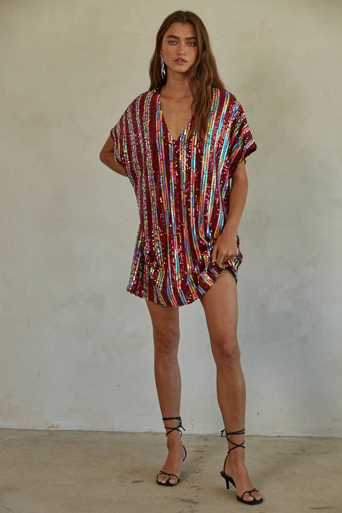 *Final Sale* Woven Polyester Spandex Sequin V-Neck Mini Dress