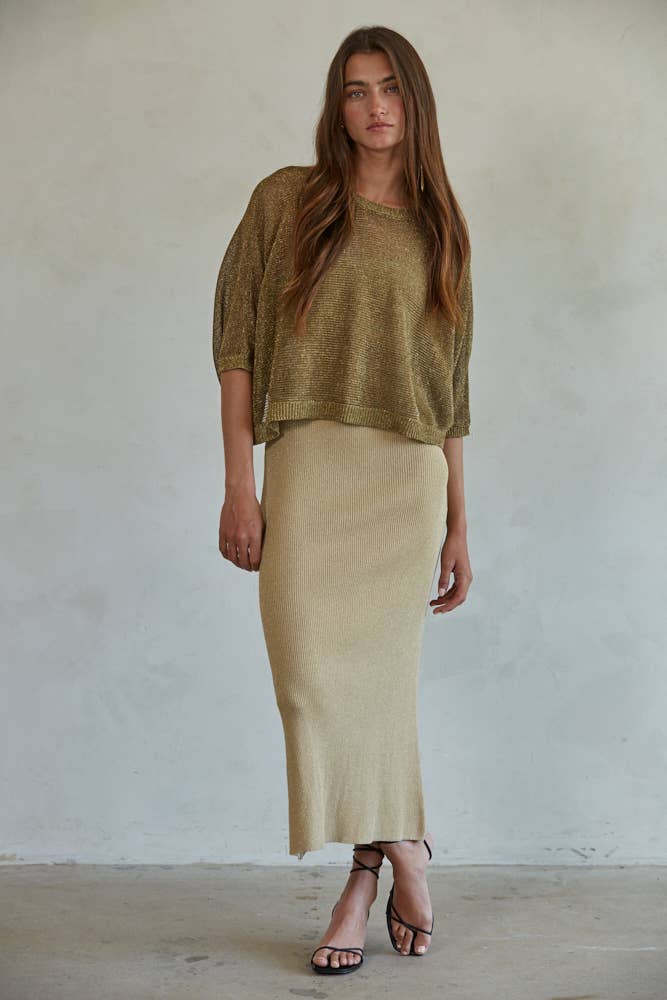 *Final Sale* Knit Polyester Sweater Lurex Short Sleeve Crop Top
