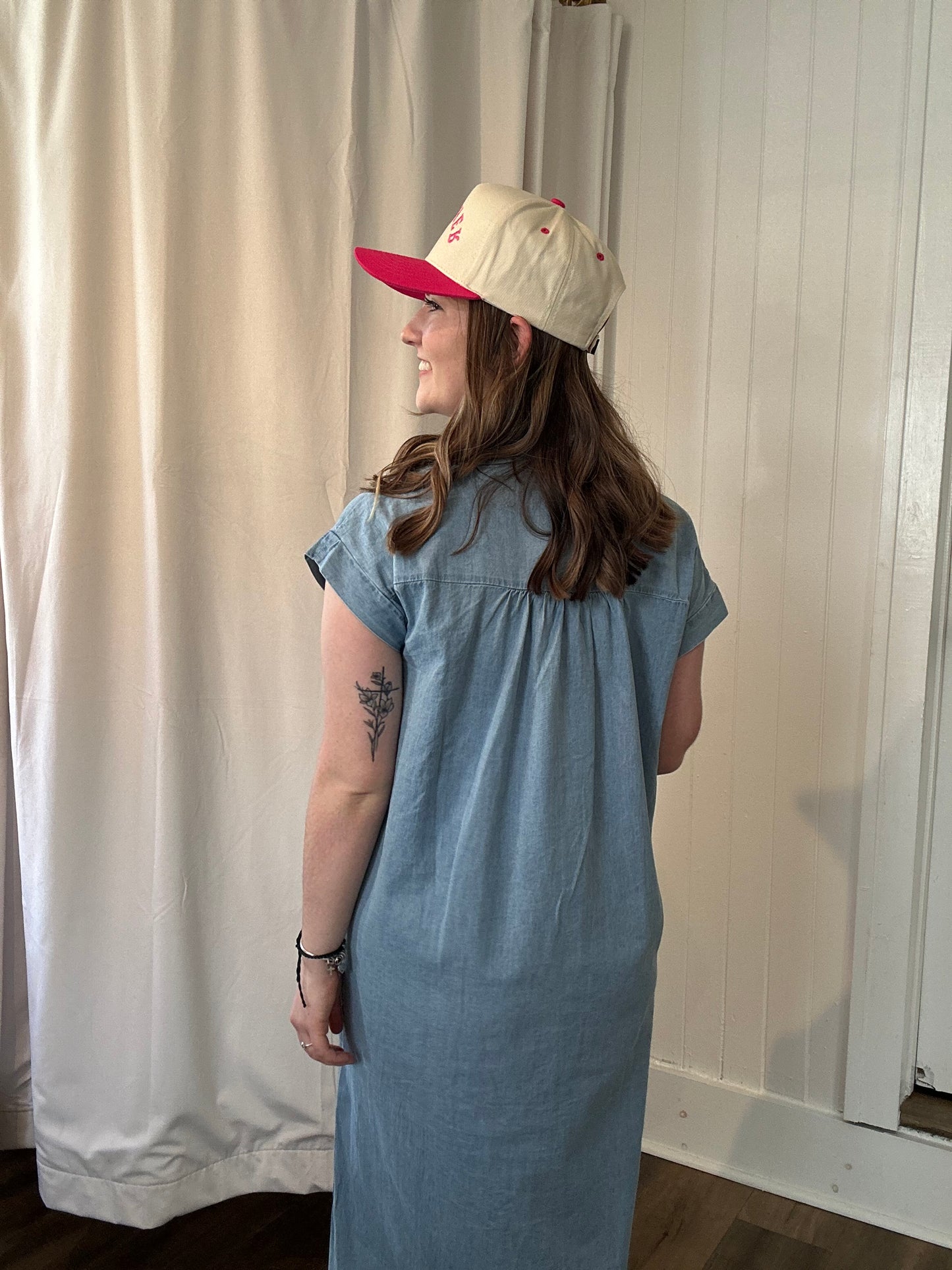 Chambray Button-Down Shirt Dress W/ Side Slits