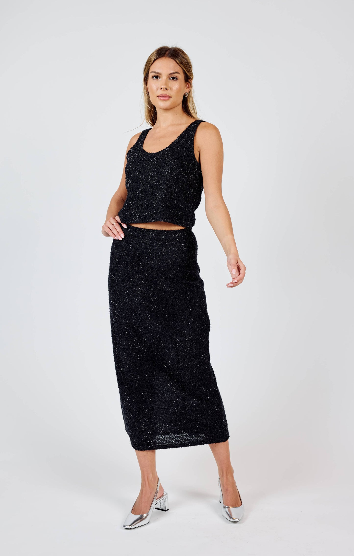 *Final Sale* Creative Energy Lurex Knit Midi Skirt: BLACK SILVER