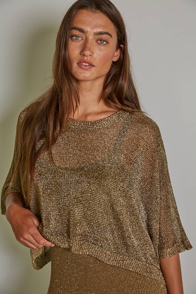 *Final Sale* Knit Polyester Sweater Lurex Short Sleeve Crop Top