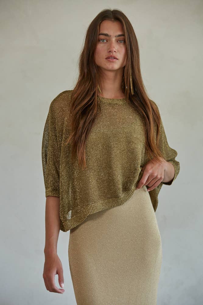 *Final Sale* Knit Polyester Sweater Lurex Short Sleeve Crop Top