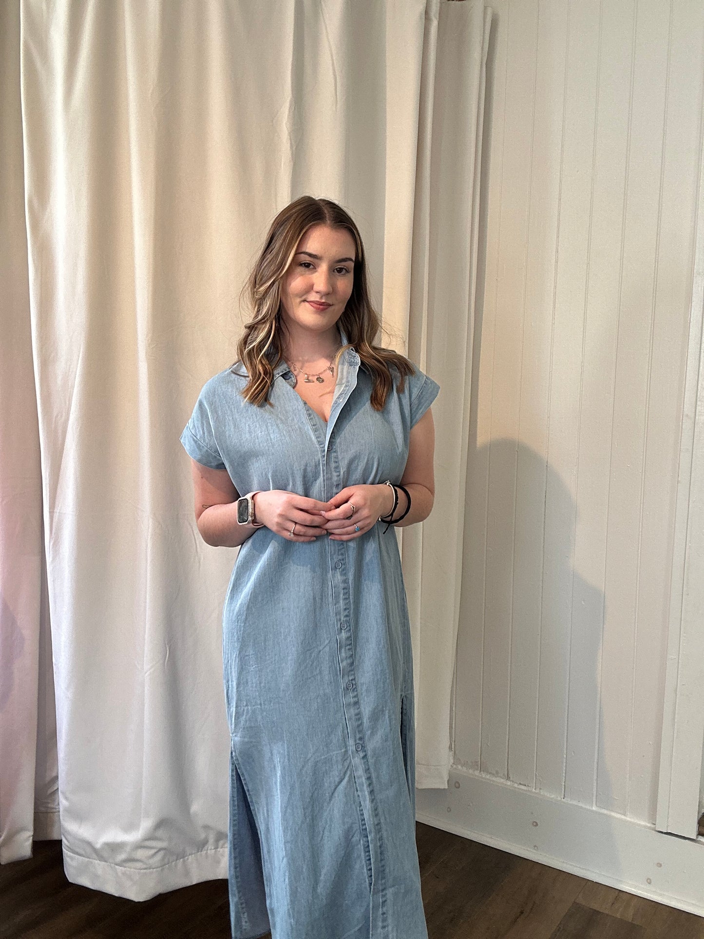 Chambray Button-Down Shirt Dress W/ Side Slits