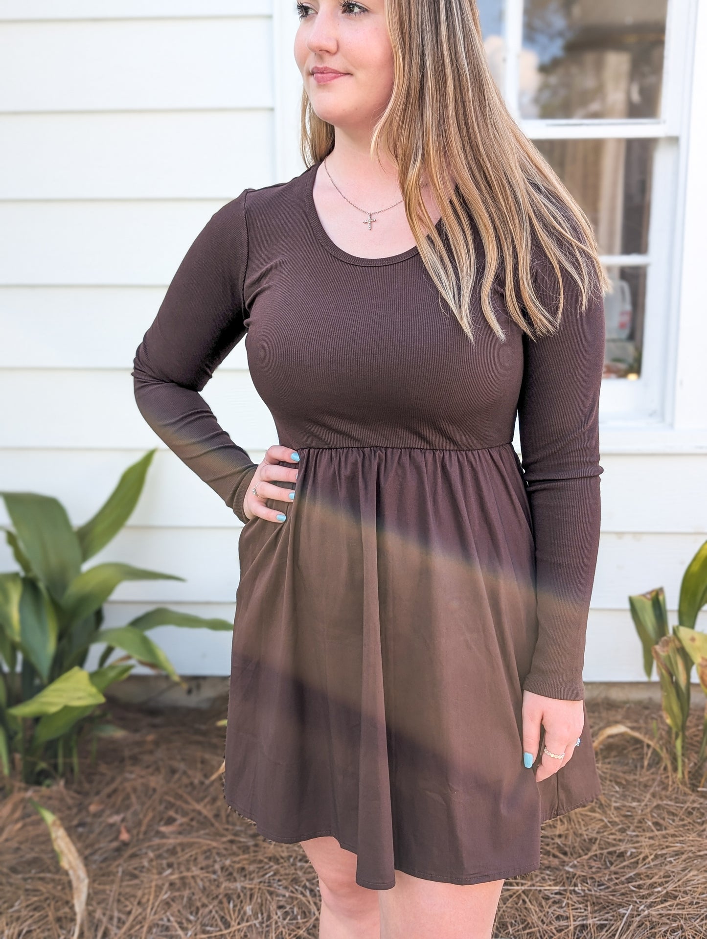 *Final Sale* Dark Brown Motions Knit Contrast Poplin Dress