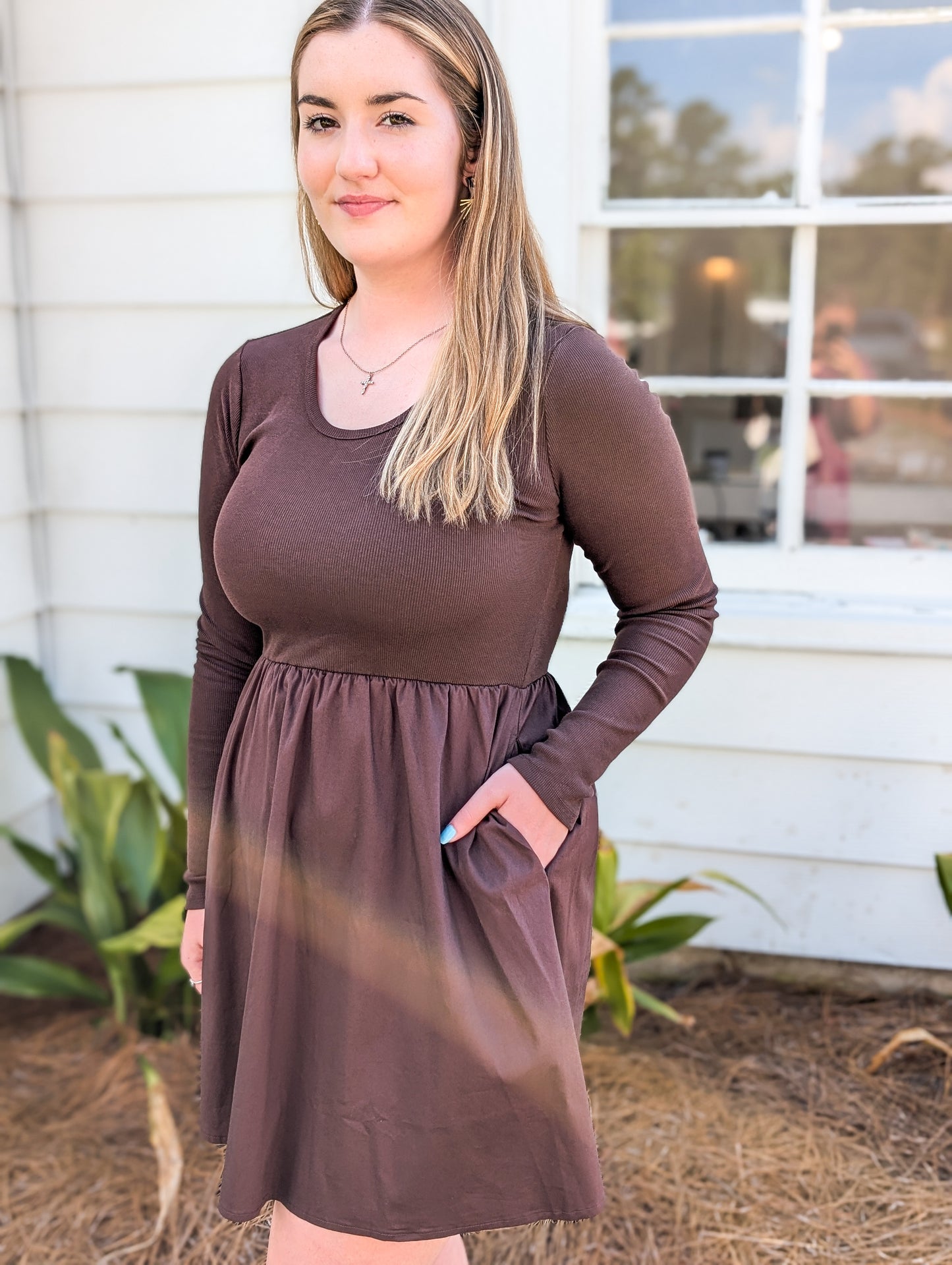 *Final Sale* Dark Brown Motions Knit Contrast Poplin Dress
