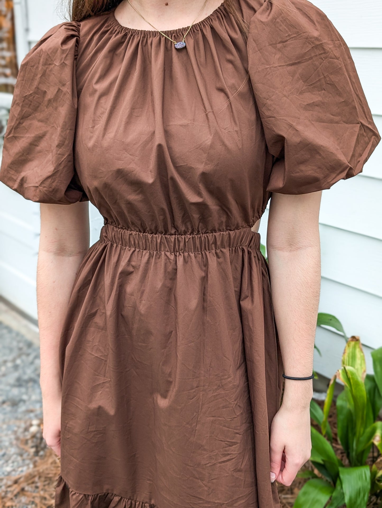 *FINAL SALE* Brown Puff Sleeve Maxi Dress With Cutouts