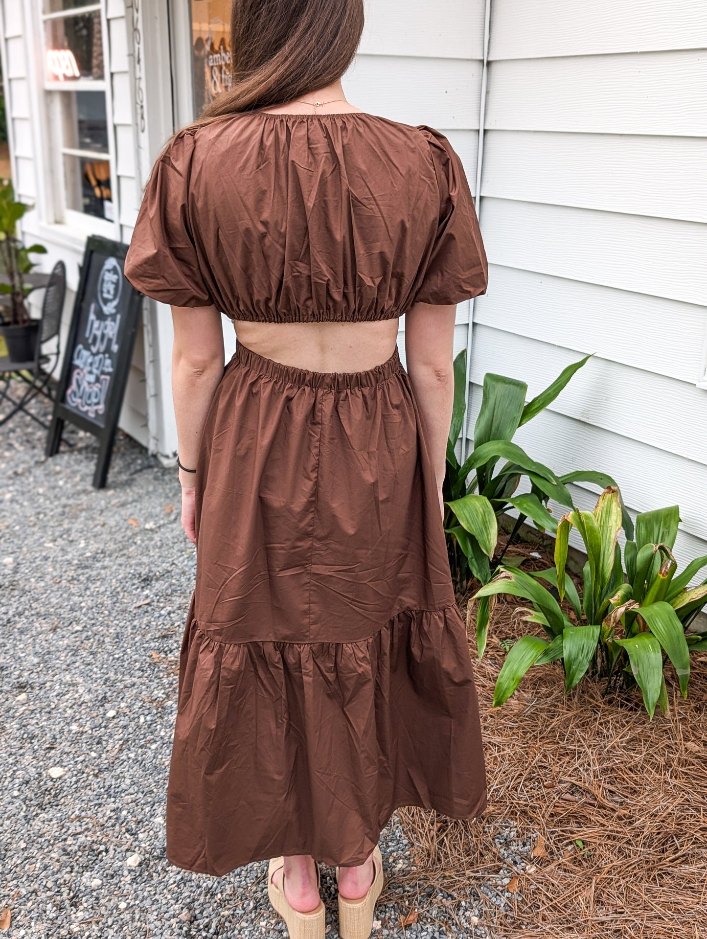 *FINAL SALE* Brown Puff Sleeve Maxi Dress With Cutouts