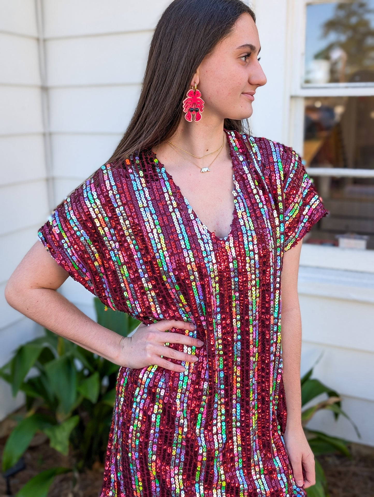 *Final Sale* Woven Polyester Spandex Sequin V-Neck Mini Dress