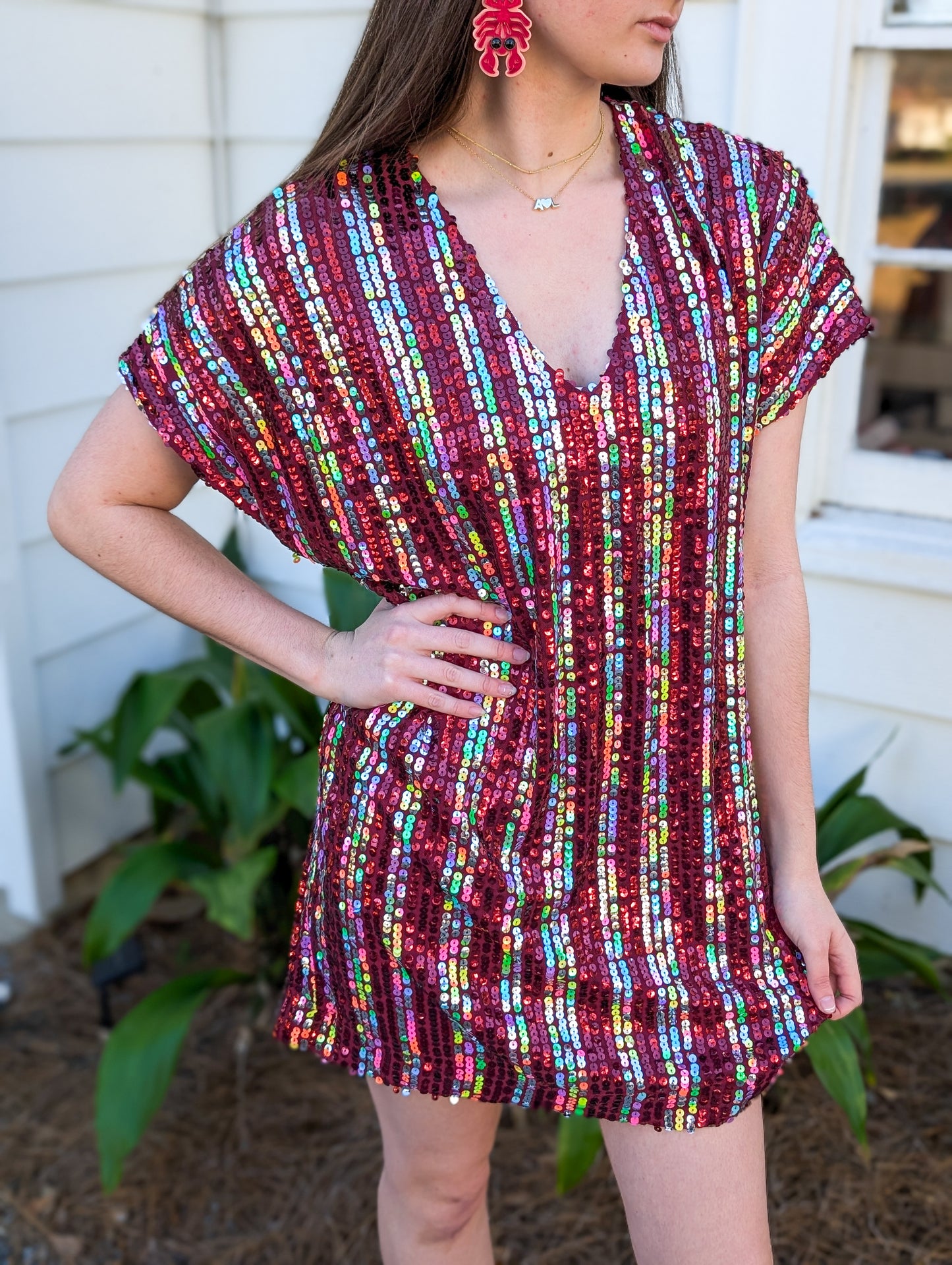 *Final Sale* Woven Polyester Spandex Sequin V-Neck Mini Dress