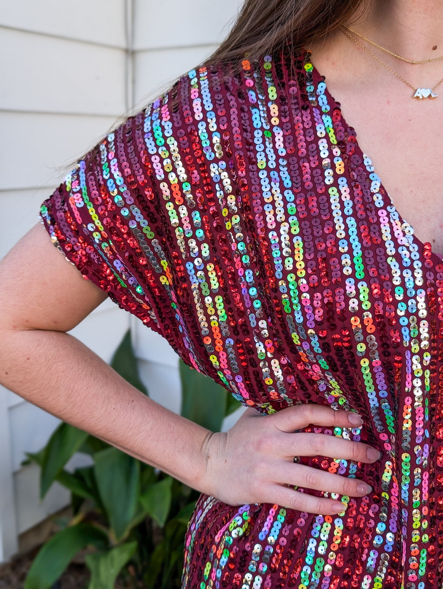 *Final Sale* Woven Polyester Spandex Sequin V-Neck Mini Dress