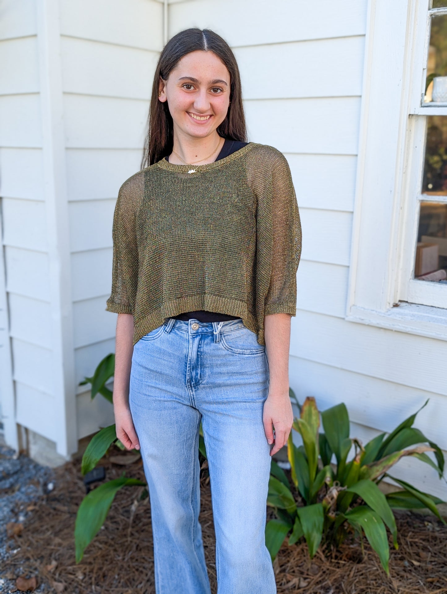 *Final Sale* Knit Polyester Sweater Lurex Short Sleeve Crop Top