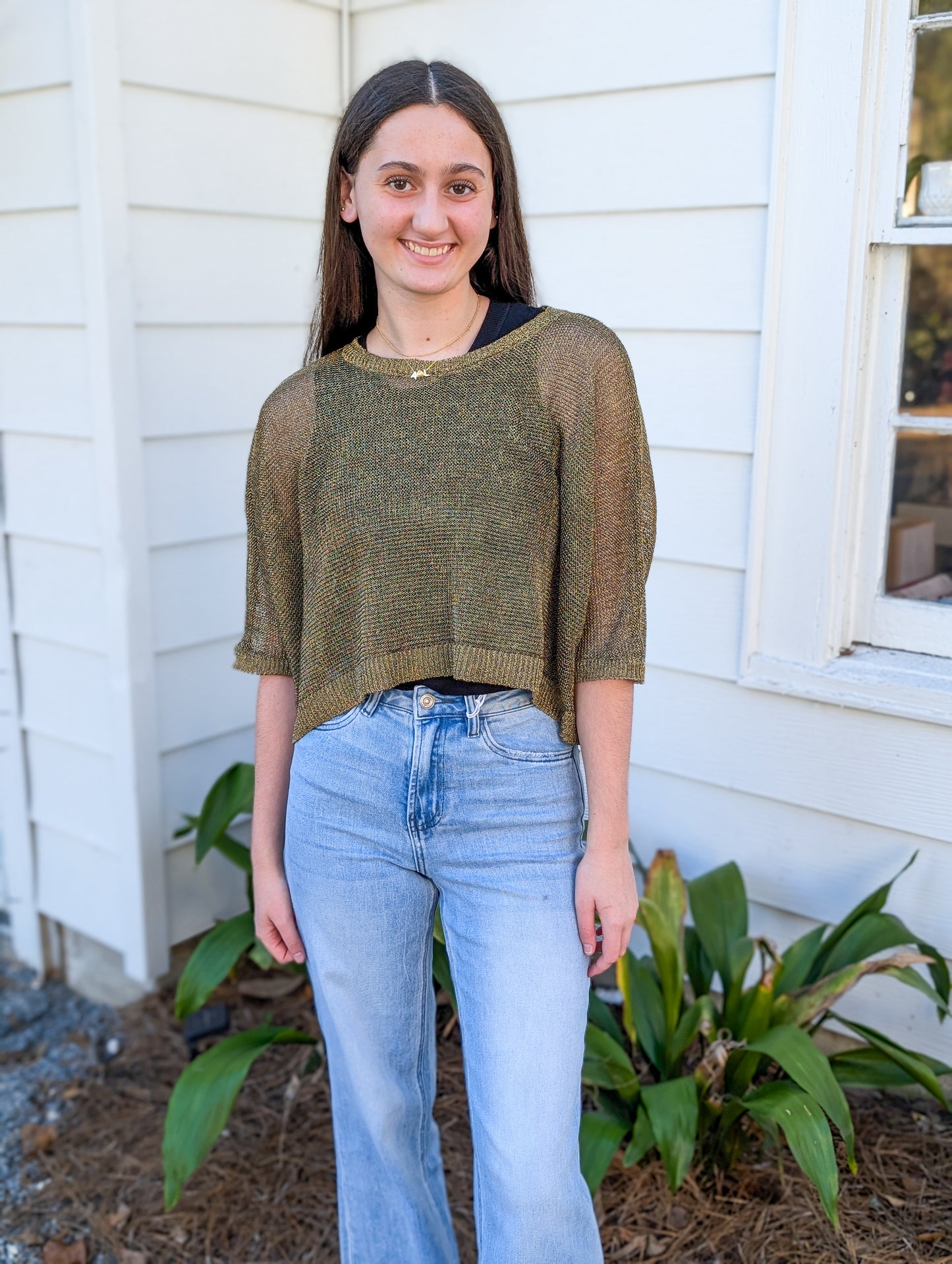 *Final Sale* Knit Polyester Sweater Lurex Short Sleeve Crop Top