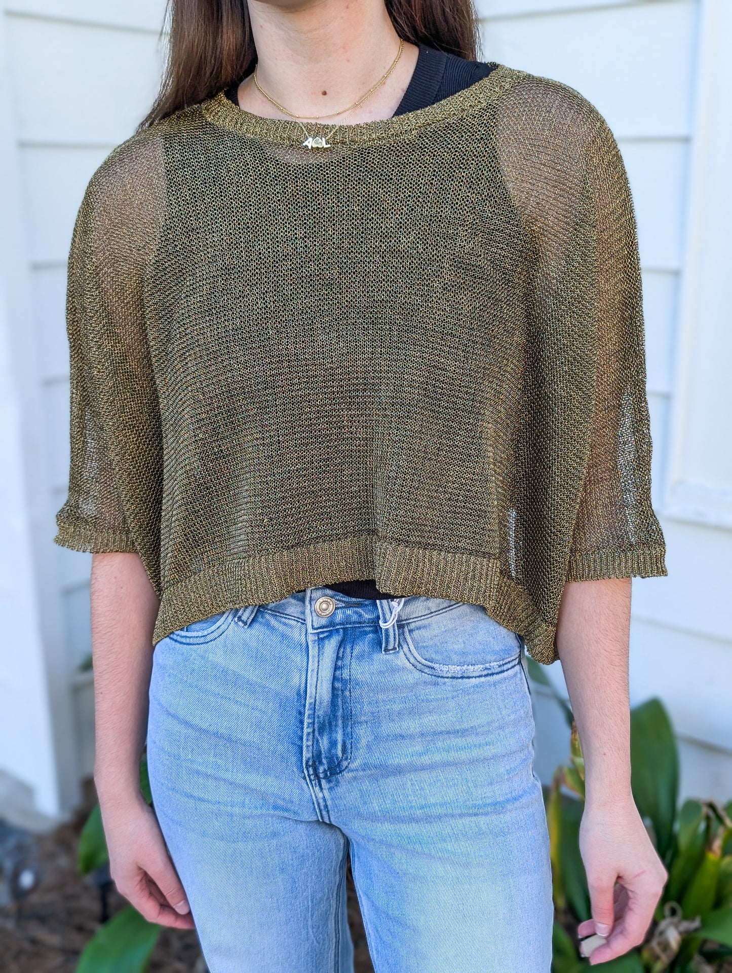 *Final Sale* Knit Polyester Sweater Lurex Short Sleeve Crop Top