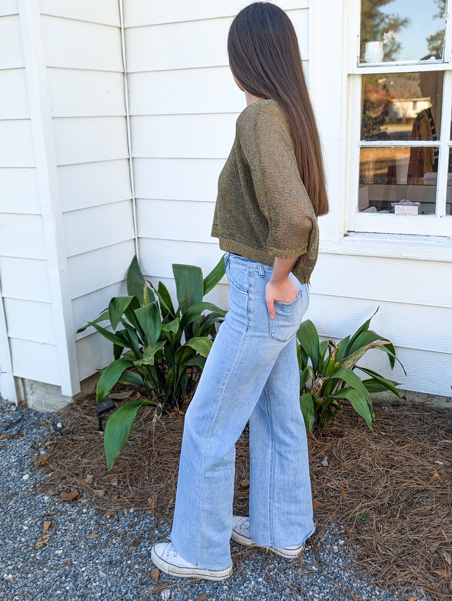 *Final Sale* Knit Polyester Sweater Lurex Short Sleeve Crop Top