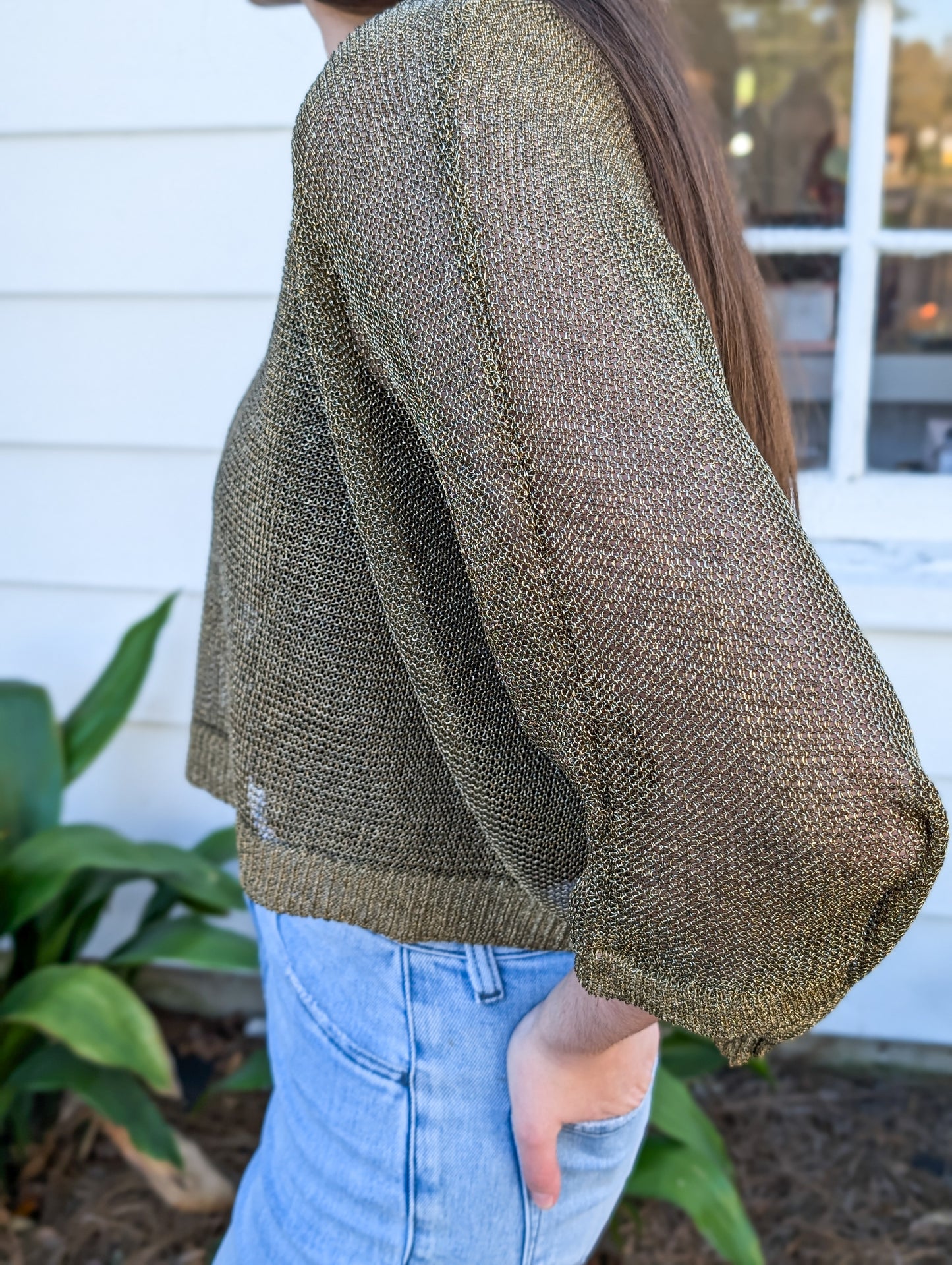 *Final Sale* Knit Polyester Sweater Lurex Short Sleeve Crop Top