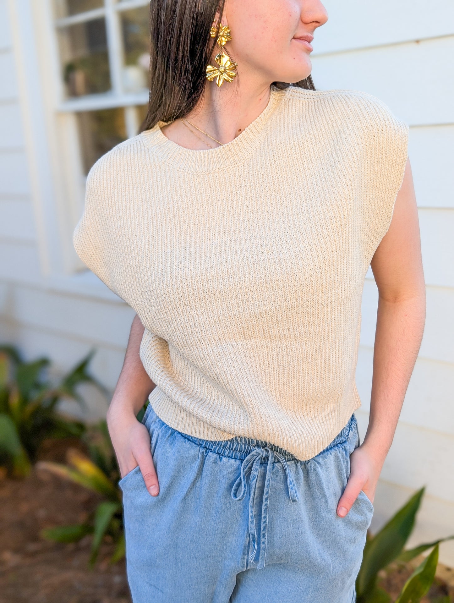 *Final Sale* Ivory Raindrop Sleeveless Relaxed Fit Ribbed Sweater Tank