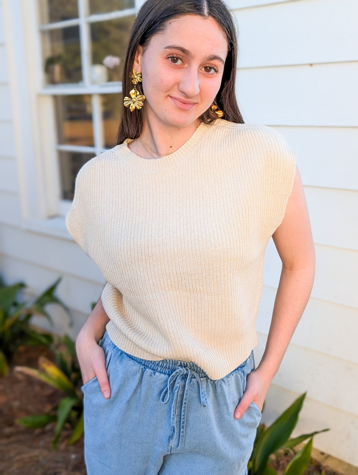 *Final Sale* Ivory Raindrop Sleeveless Relaxed Fit Ribbed Sweater Tank