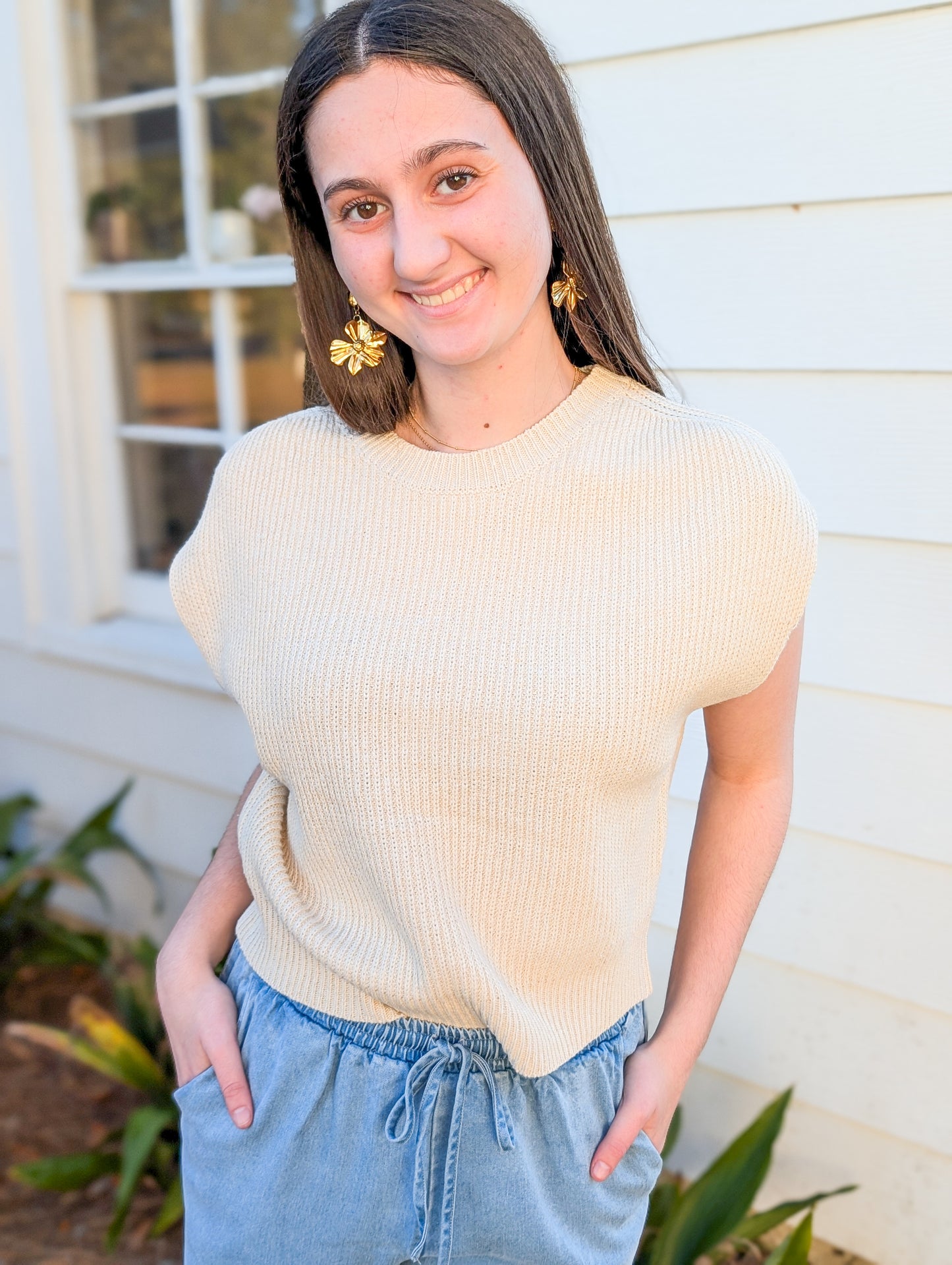 *Final Sale* Ivory Raindrop Sleeveless Relaxed Fit Ribbed Sweater Tank