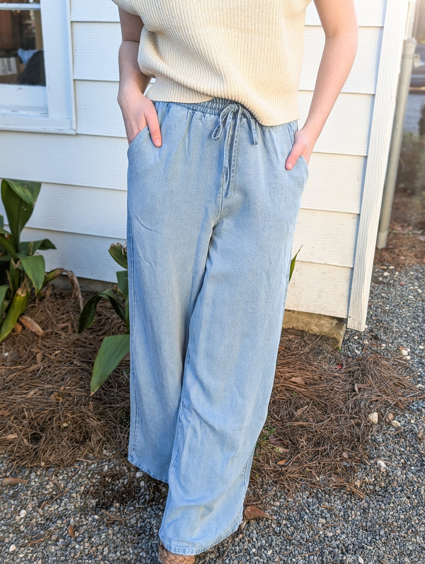 It’s Pouring Elastic Drawstring Light Chambray Pants