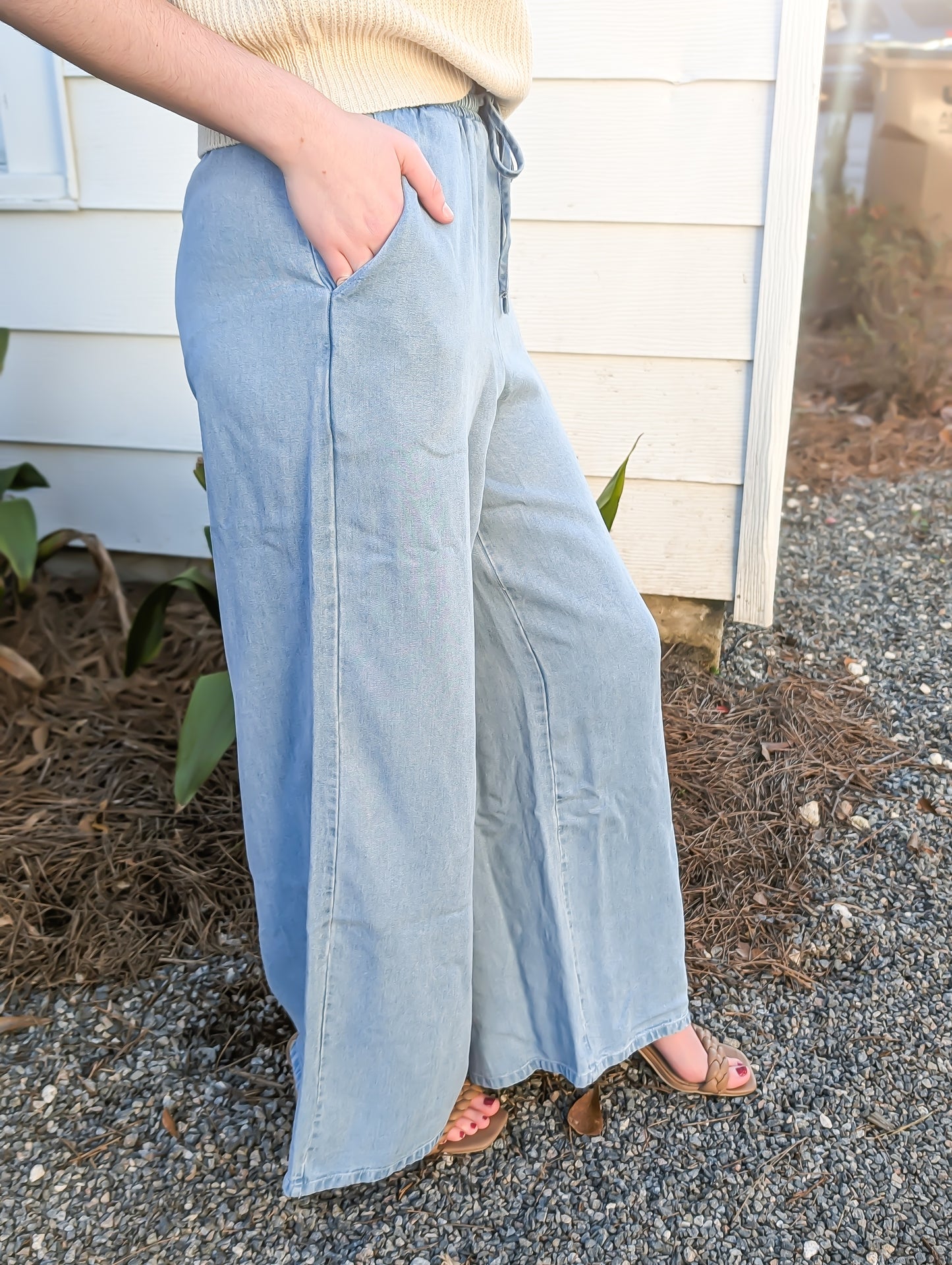 It’s Pouring Elastic Drawstring Light Chambray Pants