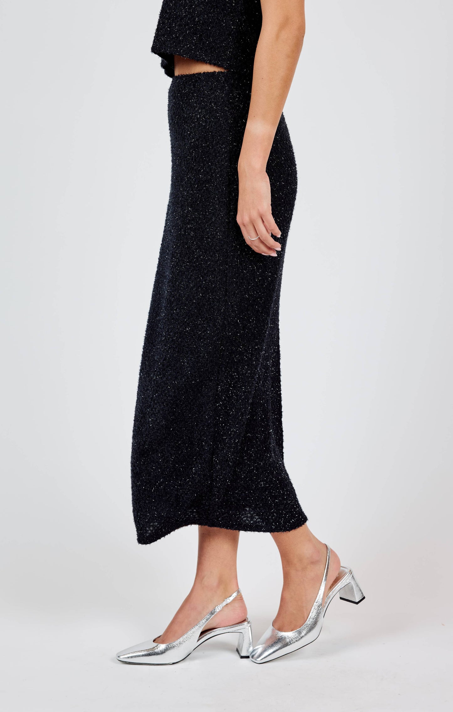 *Final Sale* Creative Energy Lurex Knit Midi Skirt: BLACK SILVER