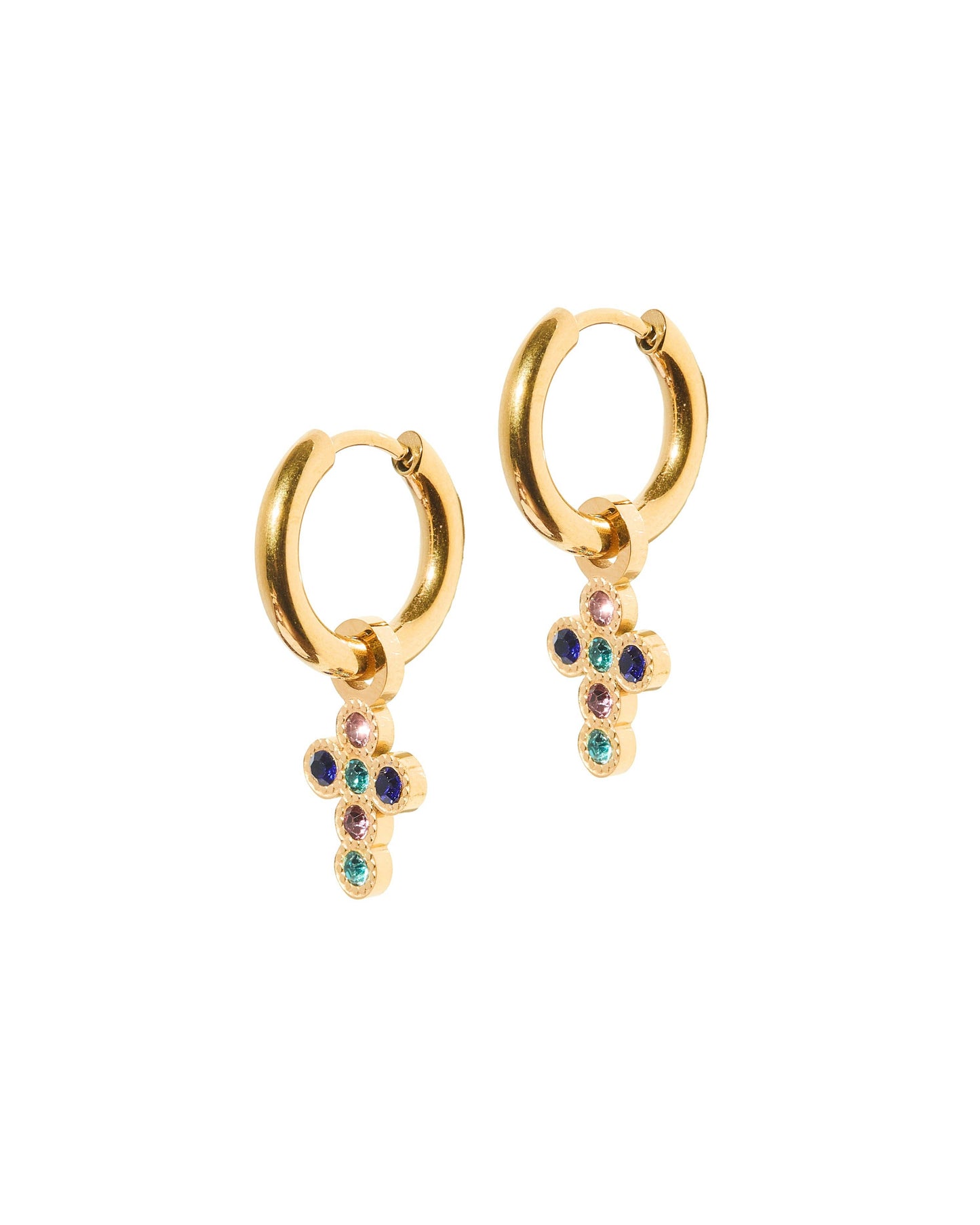 Gold Huggie Colored Cross Earrings