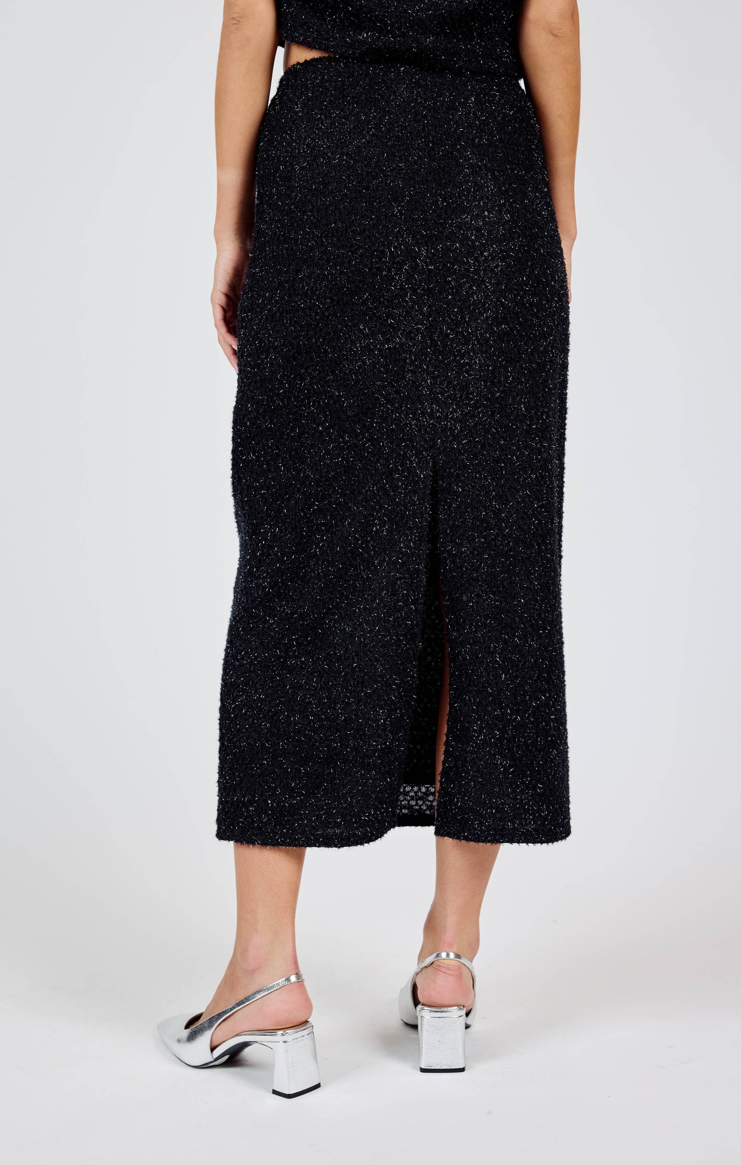 *Final Sale* Creative Energy Lurex Knit Midi Skirt: BLACK SILVER