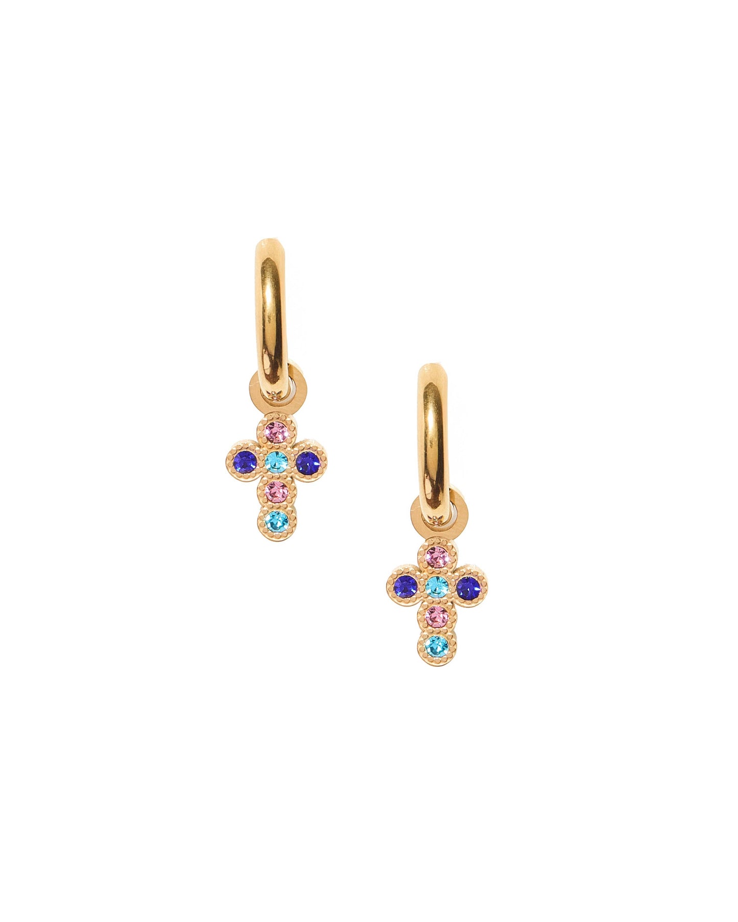Gold Huggie Colored Cross Earrings