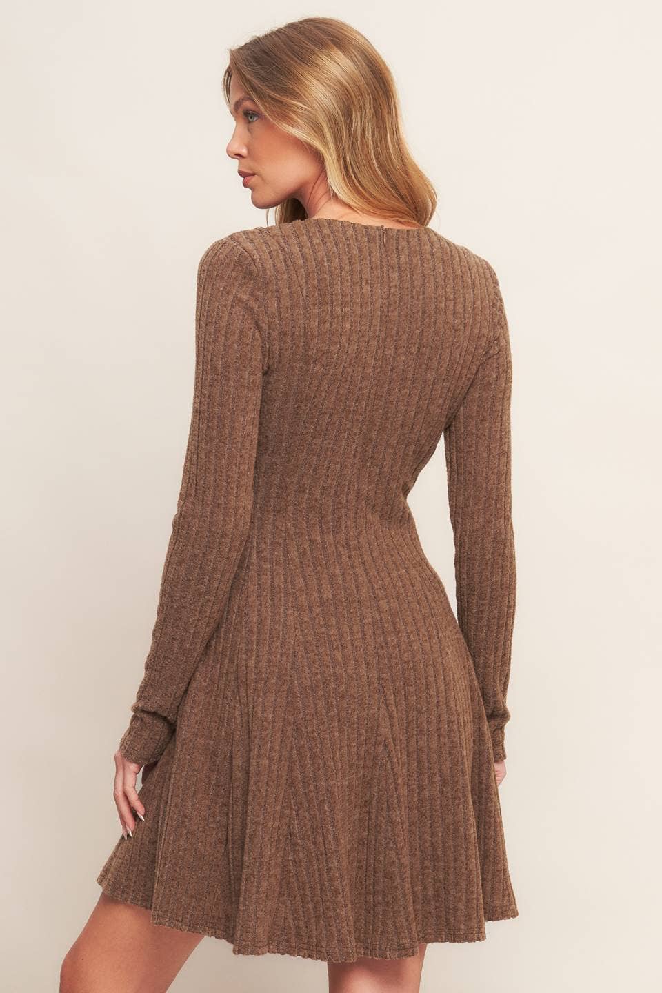 Brown Brushed Ribbed Knit Mini Dress