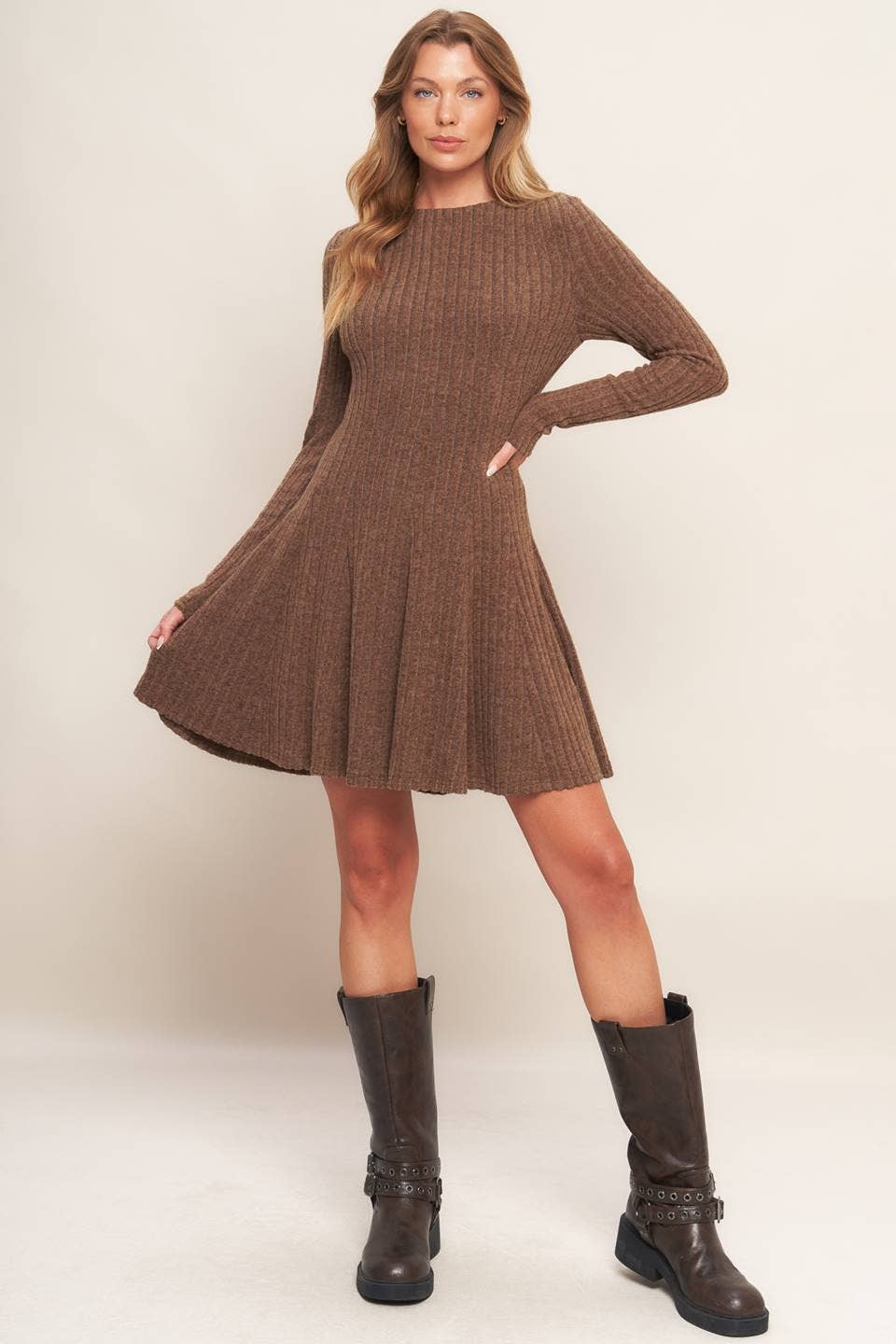 Brown Brushed Ribbed Knit Mini Dress