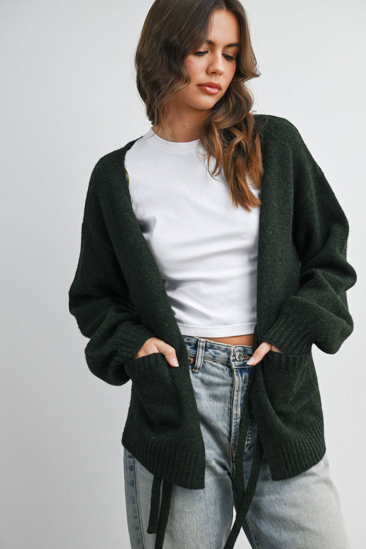 Knot Front Long Sleeve V-Neck Cardigan