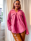Fleece V Neck Two Front Pocket Pullover with Buttons