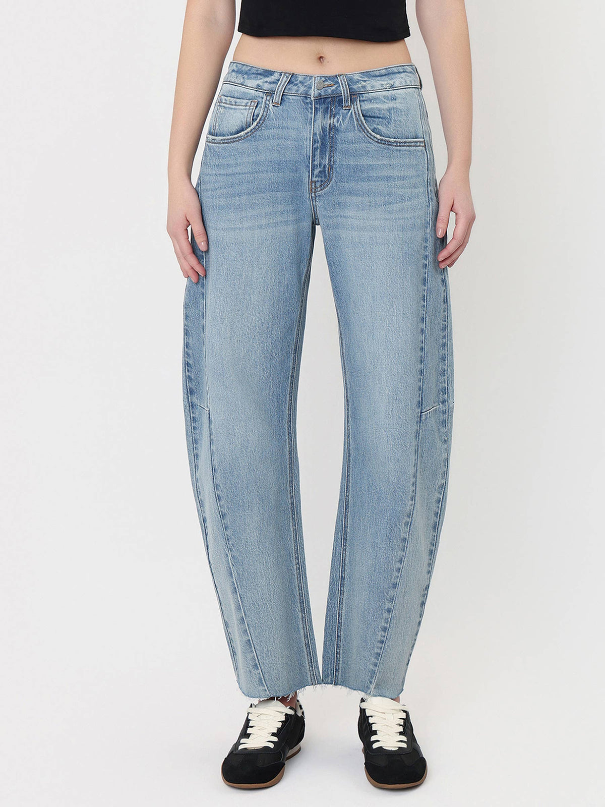 High Rise Raw Hem Paneied Seams Barrel Jeans
