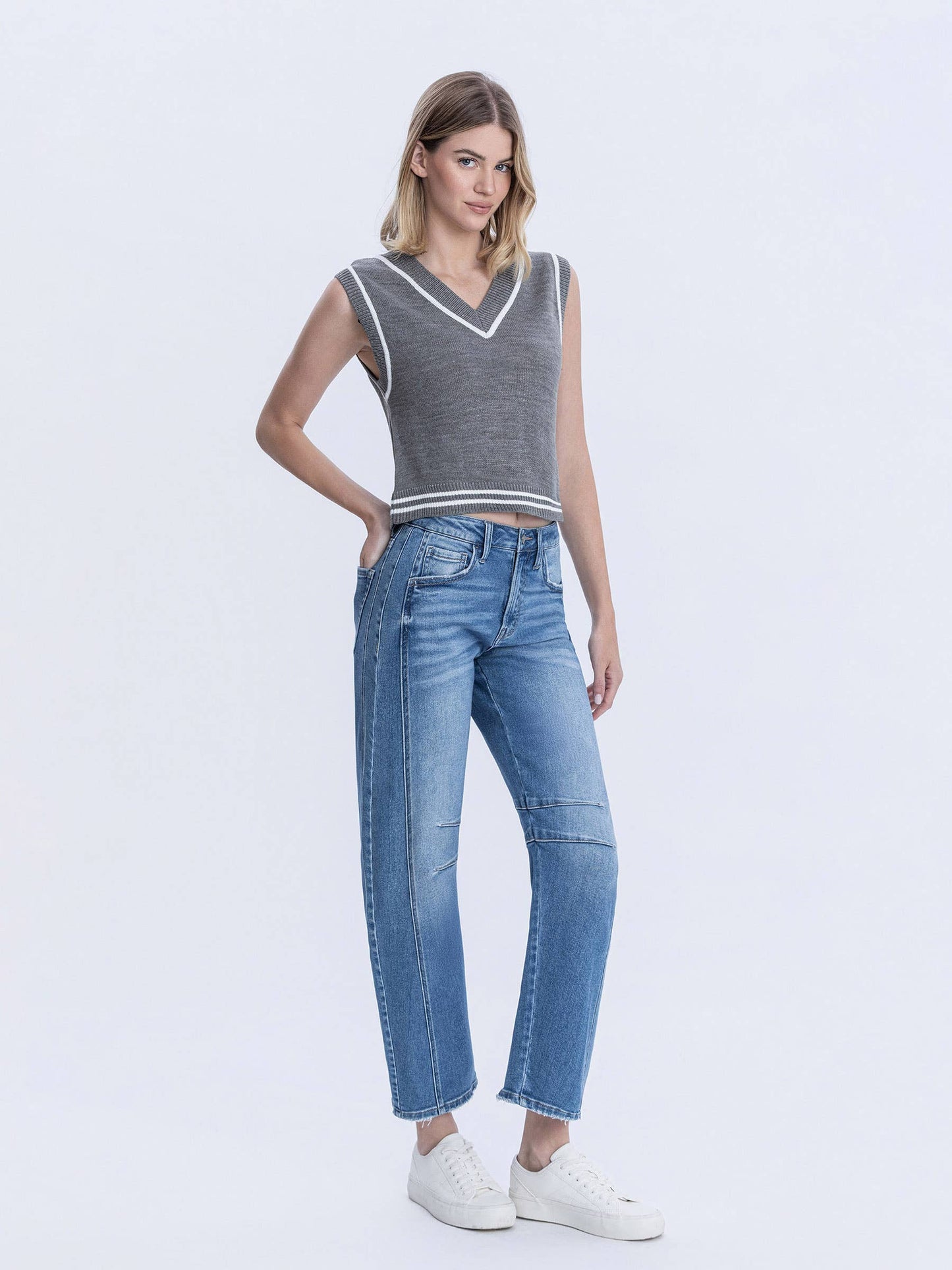 Medium Washed High Rise Crop Barrel Jeans