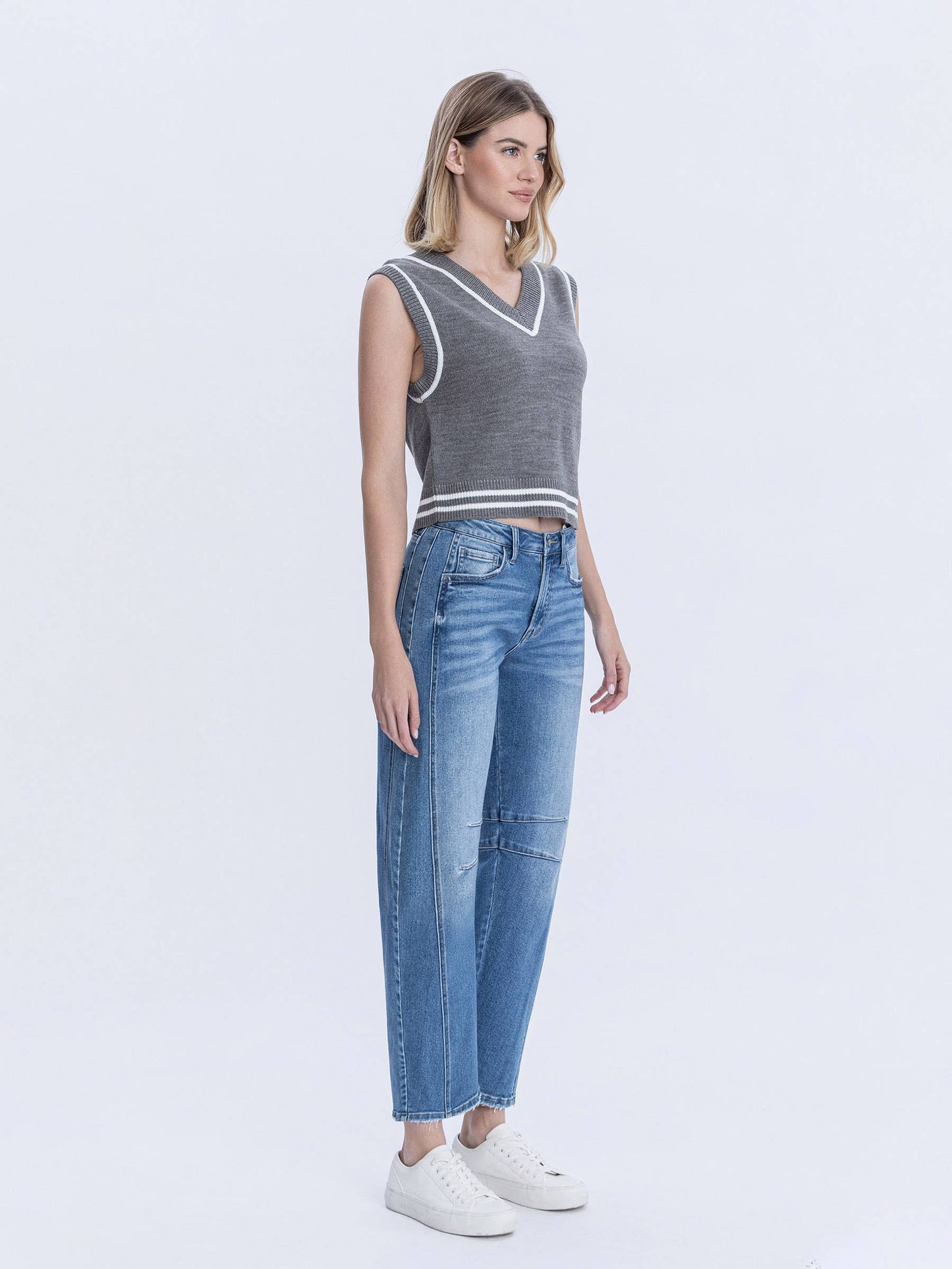 Medium Washed High Rise Crop Barrel Jeans