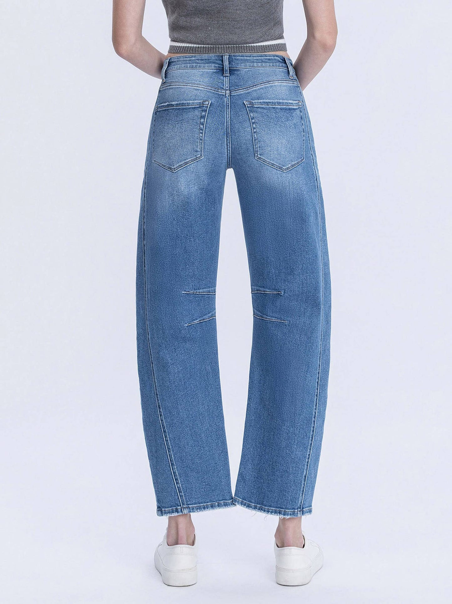Medium Washed High Rise Crop Barrel Jeans