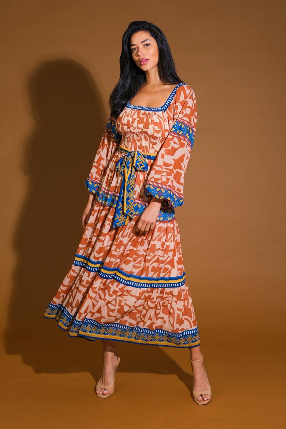 *Final Sale* Blue and Orange Print Midi Tie Waist Dress