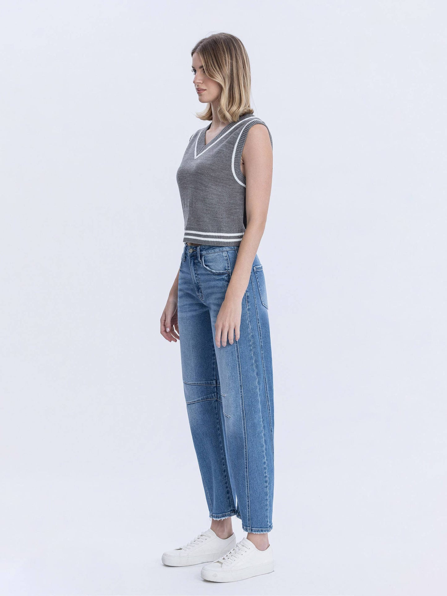 Medium Washed High Rise Crop Barrel Jeans