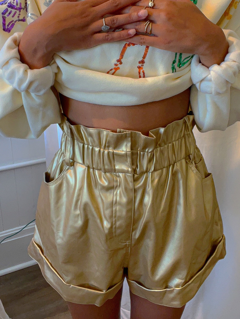 Gold leater paperbag elastic waist shorts