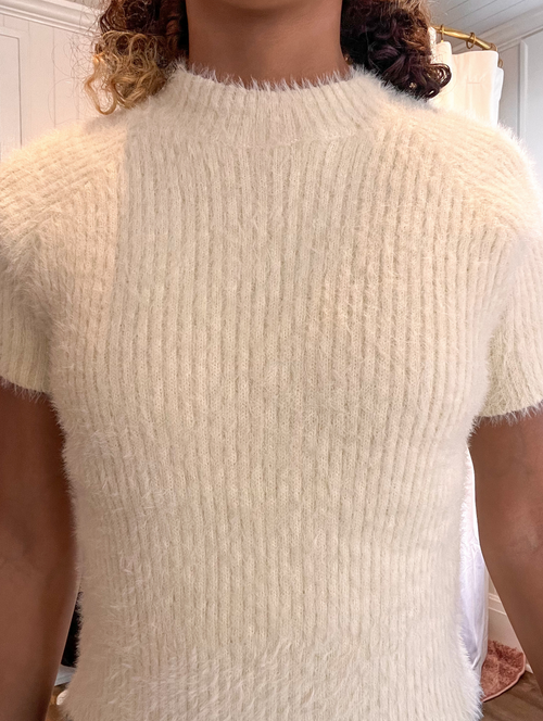 Cream fuzzy short sleeve ribbed sweater