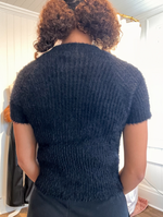 Black fuzzy short sleeve ribbed sweater