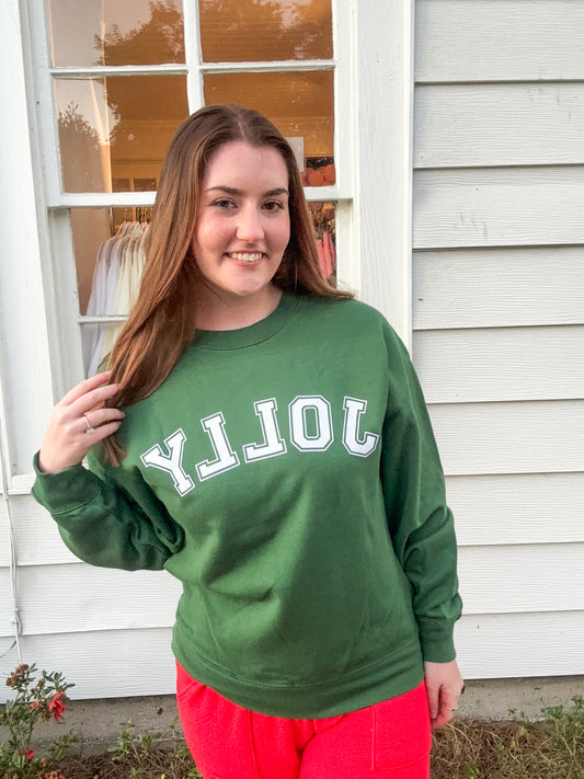 *Final Sale* Dark Green Sweatshirt with White Jolly Stencil Graphic