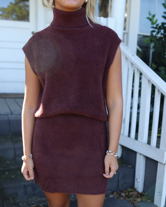 Burgundy Fuzzy Sweater Mini Skirt