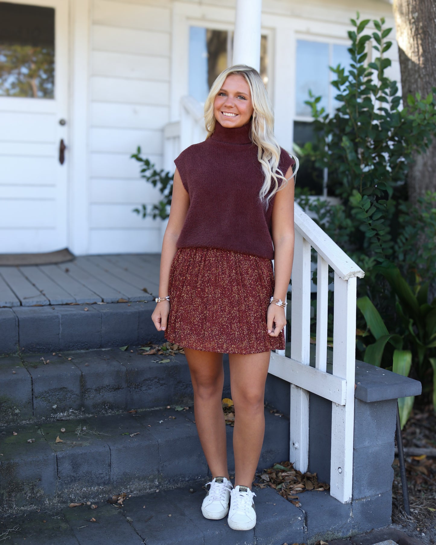 Dark Red Pleated Swing Skirt