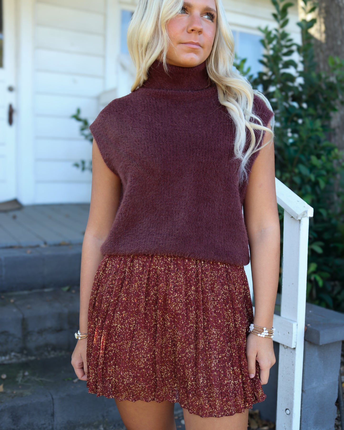 Burgundy Fuzzy Sweater Top with Cap Sleeves
